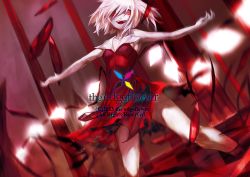 Rule 34 | 1girl, adapted costume, bare arms, bare legs, bare shoulders, crazy eyes, crazy smile, dress, female focus, flandre scarlet, glowing, glowing wings, looking at viewer, outstretched arms, pink hair, red dress, red skirt, silver hair, skirt, sleeveless, sleeveless dress, smile, solo, tmt, torn clothes, torn dress, touhou, watermark, wings