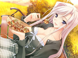 Rule 34 | 1girl, autumn, bench, blue eyes, breasts, charlotte hazellink, cleavage, dutch angle, eating, food, game cg, komori kei, large breasts, long hair, open clothes, open shirt, pink hair, plaid, princess lover, shirt, sitting, smile, solo, takoyaki