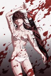 Rule 34 | 1girl, arm up, artist name, black hair, blood, blood on face, blood splatter, bloody weapon, blush, bra, chainsaw man, chaoxibumian, commission, cowboy shot, gradient background, highres, holding, holding sword, holding weapon, long hair, looking at viewer, mitaka asa, open mouth, panties, red eyes, simple background, solo, sword, underwear, underwear only, watermark, weapon, white background, white bra, white panties