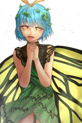 Rule 34 | 1girl, antennae, aqua hair, blush, butterfly wings, cowboy shot, dress, eternity larva, fairy, green dress, hair between eyes, highres, insect wings, leaf, leaf on head, looking at viewer, multicolored clothes, multicolored dress, one-hour drawing challenge, open mouth, short hair, shounen (hogehoge), simple background, single strap, smile, solo, touhou, white background, wings, yellow eyes