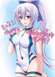Rule 34 | 1girl, 2021, :d, absurdres, bare shoulders, blue background, blue bow, blush, bow, breasts, collarbone, commentary request, competition swimsuit, fate/grand order, fate (series), hair between eyes, hair bow, happy valentine, heart, highleg, highleg swimsuit, highres, long hair, looking at viewer, medium breasts, one-piece swimsuit, open mouth, ponytail, red eyes, sawwei005, silver hair, smile, solo, swimsuit, tomoe gozen (fate), tomoe gozen (swimsuit saber) (fate), tomoe gozen (swimsuit saber) (first ascension) (fate), two-tone swimsuit, upper body, valentine