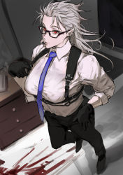 Rule 34 | 1girl, abs, absurdres, blood, blush, dorohedoro, earrings, formal, glasses, gloves, highres, jewelry, long hair, looking at viewer, muscular, muscular female, necktie, noi (dorohedoro), park ongjol, red eyes, simple background, solo, suit, white hair