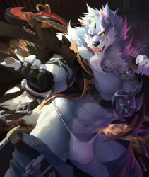 Rule 34 | 1boy, abs, animal ears, artist name, bara, black gloves, claws, colored sclera, commentary, dated, downpants, english commentary, fangs, fingerless gloves, fundoshi, furry, furry male, gloves, guitar, highres, holding, holding guitar, holding instrument, instrument, japanese clothes, jewelry, law (sdorica), looking at viewer, male focus, muscular, muscular male, necklace, one eye closed, pawpads, pectorals, pointing, pointing at viewer, sdorica, tail, tigerlukke, tongue, tongue out, wolf boy, wolf ears, wolf tail, yellow eyes, yellow sclera