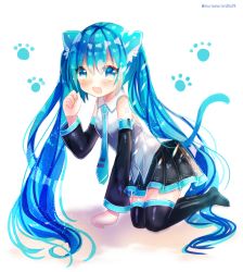 Rule 34 | 1girl, :3, :d, animal ears, arm support, bare shoulders, black legwear, black skirt, blue eyes, blue hair, blue necktie, blush, cat ears, cat girl, cat tail, collared shirt, commentary request, detached sleeves, fang, grey shirt, hair between eyes, hatsune miku, highres, kemonomimi mode, kneeling, kohaku muro, long hair, long sleeves, looking at viewer, necktie, no shoes, open mouth, pleated skirt, shirt, skirt, sleeveless, sleeveless shirt, smile, solo, tail, twintails, twitter username, very long hair, vocaloid, white background, wide sleeves