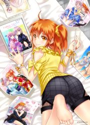 Rule 34 | 1girl, ahoge, alternate costume, ass, barefoot, bed, black serafuku, blouse, blush, bracelet, cameo, command spell, crossover, fate/grand order, fate (series), feet, from above, fujimaru ritsuka (female), glasses, hair over one eye, highres, indoors, jewelry, long hair, looking at viewer, lying, mash kyrielight, official alternate costume, on stomach, orange eyes, orange hair, patchouli knowledge, photo (object), purple eyes, purple hair, sato-pon, school uniform, scrunchie, serafuku, shiny skin, shirt, short hair, short shorts, shorts, side ponytail, smile, soles, tablet pc, tattoo, toes, touhou, yellow shirt