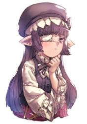 Rule 34 | 10s, 1girl, bad id, bad pixiv id, bags under eyes, blunt bangs, blush, brooch, closed mouth, eyepatch, granblue fantasy, harvin, hat, highres, jewelry, long hair, long sleeves, looking at viewer, lunalu (granblue fantasy), neck ribbon, one eye covered, pointy ears, pout, purple eyes, purple hair, purple hat, ribbon, simple background, solo, uguisu (pix-pix), upper body, vest, white background, wide sleeves