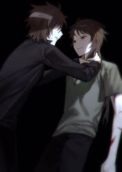 Rule 34 | 2boys, black background, black pants, black shirt, brown hair, chinese commentary, chromatic aberration, closed mouth, commentary request, dual persona, green shirt, harada minoru, highres, kyoko (akakikyoko), long hair, long sleeves, male focus, multiple boys, multiple scars, pants, red eyes, saibou shinkyoku, scar, scar on arm, scar on face, scar on forehead, shirt, short hair, short sleeves, simple background, smile, strangling, sweat