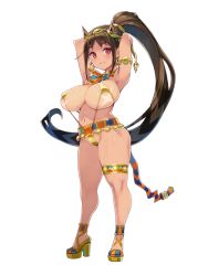 Rule 34 | 1girl, armlet, arms behind head, arms up, breasts, brown hair, dairoku ryouhei, earrings, egyptian clothes, expressionless, full body, high heels, high ponytail, hoop earrings, huge breasts, jewelry, long hair, looking at viewer, multicolored hair, official art, photoshop (medium), red eyes, ryoji (nomura ryouji), shortstack, slingshot swimsuit, solo, standing, strappy heels, swimsuit, thigh strap, transparent background, two-tone hair, very long hair