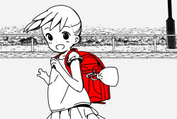 Rule 34 | 1girl, :d, akamatsu yui, backpack, bag, blush, collarbone, commentary request, dot nose, floating hair, grass, grey background, greyscale, hands up, happy, katsuwo (cr66g), looking at viewer, mitsuboshi colors, monochrome, open mouth, outdoors, plant, pleated skirt, randoseru, road, short hair, short sleeves, skirt, smile, solo, split mouth, spot color, standing, street