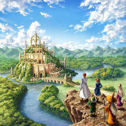 Rule 34 | bridge, brown hair, city, commentary request, day, elf, facing away, fantasy, garutaisa, hat, long hair, mountain, mountainous horizon, orange hair, original, outdoors, pointy ears, river, robe, scenery, short hair, silver hair, sky, staff, water, witch hat