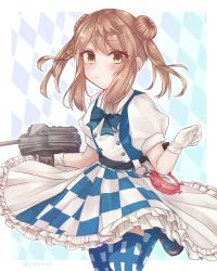 Rule 34 | 1girl, adapted turret, alice (alice in wonderland), alice (alice in wonderland) (cosplay), alice in wonderland, cannon, checkered clothes, commentary request, cosplay, cowboy shot, double bun, dress, enemy lifebuoy (kancolle), gloves, hair bun, highres, kantai collection, light brown hair, looking at viewer, michishio (kancolle), official alternate costume, pocket watch, short twintails, solo, thighhighs, turret, twintails, two-tone dress, watch, white dress, white gloves, yufufu