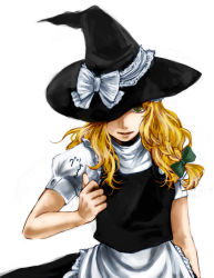Rule 34 | 1girl, blonde hair, colorized, female focus, hat, hat ribbon, highres, kirisame marisa, mishima ssuru, one-eyed, reymu, ribbon, short sleeves, simple background, solo, thumbs up, touhou, white background, witch, witch hat