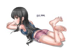 Rule 34 | 1girl, absurdres, ass, barefoot, black hair, brown eyes, feet, highres, long hair, looking at viewer, lying, on stomach, parted lips, shorts, soles, tank top, the pose, toes, tsukimaru (ls 99ml)