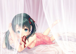 Rule 34 | 10s, 1girl, adjusting hair, bare arms, barefoot, bed, blush, breasts, curtains, green eyes, green hair, kantai collection, lingerie, long hair, looking at viewer, lying, matching hair/eyes, mikuma (kancolle), mouth hold, negligee, nipples, on stomach, paint musume, ribbon, solo, twintails, underwear