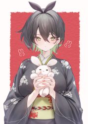 Rule 34 | 1girl, absurdres, animal, black hair, black kimono, breasts, chinese zodiac, commentary request, green eyes, hair between eyes, highres, holding, holding animal, japanese clothes, kimono, large breasts, long sleeves, looking at viewer, obi, original, rabbit, red background, sash, short hair, simple background, solo, upper body, wide sleeves, yazune, year of the rabbit