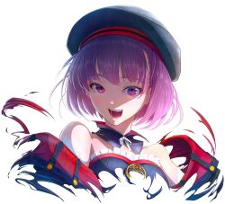 Rule 34 | 0, 1girl, beret, blush, commentary request, detached collar, detached sleeves, dress, fate/grand order, fate (series), hat, helena blavatsky (fate), highres, imizu (nitro unknown), looking at viewer, medallion, monochrome, open mouth, purple eyes, purple hair, shadow, short hair, simple background, smile, solo, strapless, strapless dress, teeth, upper body, white background