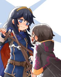 Rule 34 | 2girls, black hair, blue eyes, blue hair, cape, closed mouth, fire emblem, fire emblem awakening, from behind, holding, holding sword, holding weapon, hood, hood down, long hair, long sleeves, lucina (fire emblem), morgan (female) (fire emblem), morgan (fire emblem), multiple girls, nintendo, open mouth, robe, shunrai, simple background, smile, sword, tiara, weapon, wooden sword