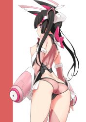 Rule 34 | 1girl, ass, black hair, blunt bangs, breasts, butt crack, cameltoe, elbow gloves, from behind, gauntlets, gloves, leotard, long hair, looking at viewer, looking back, nipples, pink eyes, pink legwear, senki zesshou symphogear, shiny skin, small breasts, solo, standing, tamahiyo, tsukuyomi shirabe, twintails