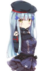 Rule 34 | 1girl, arms behind back, beret, black hat, black skirt, blush, breasts, brown eyes, commentary request, facial mark, fuuna, girls&#039; frontline, hair between eyes, hair ornament, hat, hk416 (girls&#039; frontline), jacket, long hair, looking at viewer, medium breasts, pleated skirt, purple jacket, silver hair, simple background, skirt, solo, very long hair, white background