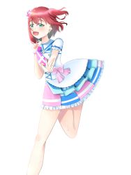 Rule 34 | 1girl, absurdres, aqua eyes, artist name, artist request, blue skirt, blush, bobby socks, bow, bracelet, breasts, cross-laced clothes, cross-laced dress, dress, female focus, frilled skirt, frills, green eyes, hair between eyes, hair bow, highres, jewelry, kimi no kokoro wa kagayaiteru kai?, kurosawa ruby, looking at viewer, love live!, love live! school idol festival, love live! sunshine!!, miniskirt, necktie, parted lips, pink bow, pink necktie, pink scrunchie, pink skirt, plaid, plaid dress, plaid skirt, pleated, pleated dress, pleated skirt, puffy short sleeves, puffy sleeves, red hair, scrunchie, short hair, short sleeves, skirt, small breasts, smile, socks, solo, standing, standing on one leg, star (symbol), star print, twintails, two side up, uraranetto, v, white background, white dress, white skirt, white socks, wrist scrunchie