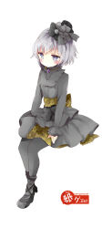 Rule 34 | 1girl, bad id, bad pixiv id, black bow, blush, bow, commentary request, cross-laced footwear, full body, grey eyes, grey hair, grey pantyhose, grey shirt, grey skirt, hair ornament, jewelry, long sleeves, pantyhose, pendant, shirt, short hair, simple background, sitting, skirt, solo, tsukiyo (skymint), watermark, web address, white background