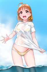 Rule 34 | 1girl, ahoge, antenna hair, bikini, blue sky, blush, bow, braid, breasts, cloud, hair bow, halterneck, highres, looking at viewer, love live!, love live! sunshine!!, medium breasts, medium hair, ocean, off-shoulder shirt, off shoulder, open mouth, orange bow, orange hair, partially submerged, partially underwater shot, red eyes, see-through, shirt, shirt tug, short sleeves, sky, smile, solo, standing, striped bikini, striped clothes, swimsuit, takami chika, teeth, two-tone bikini, underwater, upper teeth only, wading, water, wet, wet clothes, wet shirt, white shirt, yopparai oni
