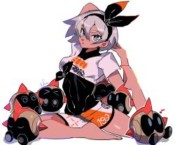 Rule 34 | 1girl, barefoot, bea (pokemon), blue eyes, bodyguard, bow, closed mouth, covered navel, creatures (company), dark-skinned female, dark skin, dot mouth, falinks, game freak, gen 8 pokemon, grey hair, hair bow, hair ribbon, highres, looking at viewer, musical note, ningensei, nintendo, pokemon, pokemon (creature), pokemon swsh, ribbon, short hair, shorts, sitting, solo, stretched limb, stretching