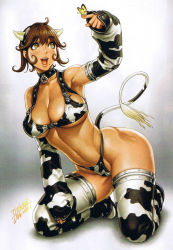 Rule 34 | 1girl, abs, animal ears, animal print, arm up, armpits, artist name, bikini, blush, boots, breasts, brown eyes, brown hair, bug, butterfly, cleavage, clenched hand, collar, covered erect nipples, cow ears, cow girl, cow print, cow tail, curly hair, dated, detached sleeves, fake animal ears, fake tail, gradient background, groin, hairband, hanako (tsukasa jun), hand on own thigh, happy, highleg, highleg bikini, highleg swimsuit, hip bones, huge breasts, insect, kneeling, large breasts, leaning, lips, looking up, mole, navel, original, print bikini, print thighhighs, scan, shadow, short hair, sideboob, signature, skindentation, sleeves past wrists, solo, swimsuit, tail, thighhighs, thong, thong bikini, toned, tsukasa jun, underboob, wide hips