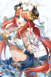 Rule 34 | 1girl, :d, aqua eyes, blue nails, blue skirt, bracer, breasts, circlet, detached sleeves, floating hair, genshin impact, gold trim, happy, harem outfit, heart, highres, horns, hydrokinesis, long hair, long sleeves, looking at viewer, low twintails, medium breasts, nail polish, nilou (genshin impact), open mouth, parted bangs, prana (prana12), puffy long sleeves, puffy sleeves, red hair, sidelocks, simple background, skirt, smile, solo, twintails, veil, very long hair, water, white background, white headwear
