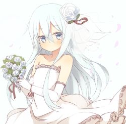Rule 34 | 10s, 1girl, bare shoulders, blush, bouquet, bracelet, dress, elbow gloves, flower, gloves, hair flower, hair ornament, hammer and sickle, hibiki (kancolle), jewelry, kantai collection, looking at viewer, nonono (mino), simple background, solo, strapless, strapless dress, veil, verniy (kancolle), wedding dress, white background, white dress, white gloves