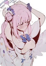 Rule 34 | 1girl, arms up, blue archive, blush, breasts, capelet, dress, feathered wings, flower, gsusart, hair bun, hair flower, hair ornament, halo, heart, long hair, medium breasts, mika (blue archive), pink hair, scrunchie, simple background, single side bun, solo, white background, white capelet, white dress, white wings, wings, wrist scrunchie, yellow eyes