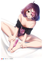 Rule 34 | 1girl, :p, ahoge, bare shoulders, barefoot, black shirt, blush, bottomless, breasts, casino (casinoep), eyepatch, feet, feet on toy, feet together, holding with feet, hair between eyes, hayasaka mirei, heart, heart eyepatch, highres, idolmaster, idolmaster cinderella girls, knees apart feet together, looking at viewer, medium hair, no bra, non-web source, off shoulder, print shirt, purple hair, shirt, sitting, small breasts, solo, toes, tongue, tongue out, yellow eyes