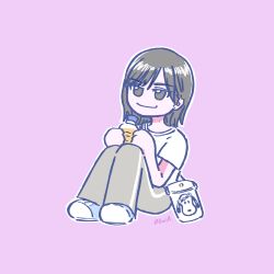 Rule 34 | 1girl, absurdres, artist name, bag, brown eyes, brown hair, closed mouth, flower wreath, full body, handbag, highres, holding, knees to chest, mole, mole on neck, nogizaka46, olivia (shkm2443), parted bangs, peanuts (comic), pink background, plastic bottle, shirt, shoes, short sleeves, simple background, sitting, smile, sneakers, snoopy, solo, white shirt