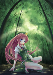 Rule 34 | 1girl, arm support, bad id, bad pixiv id, bamboo, bamboo forest, blue eyes, braid, china dress, chinese clothes, dress, female focus, forest, hat, hong meiling, long hair, nature, red hair, ribbon, solo, sousouman, squatting, touhou, twin braids