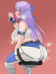 Rule 34 | 1girl, ass, belt, black gloves, blue bow, blue eyes, blue gloves, blush, bow, braid, breasts, cropped shirt, fingerless gloves, folkwang (nikke), food, food in mouth, from behind, gloves, goddess of victory: nikke, hair bow, highres, large breasts, light purple hair, long hair, looking at viewer, looking back, mouth hold, no bra, pants, plump, popsicle, shirt, sidelocks, simple background, sitting, sleeveless, sleeveless shirt, solo, stool, sweat, sweaty clothes, two-tone gloves, underboob, waia wai, white pants