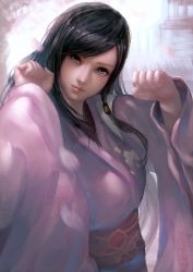 Rule 34 | 1girl, black hair, breasts, cherry blossoms, clenched hand, clenched hands, creep (gundamdg), dead or alive, female focus, grey eyes, hair ornament, japanese clothes, kimono, kokoro (doa), large breasts, lips, long hair, looking at viewer, looking to the side, nose, obi, outdoors, petals, realistic, sash, solo, upper body