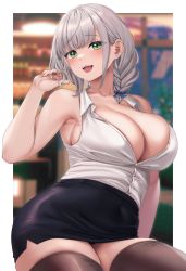 Rule 34 | 1girl, bare shoulders, black skirt, blush, braid, breasts, brown thighhighs, cleavage, collarbone, collared shirt, green eyes, grey hair, highres, hololive, large breasts, looking at viewer, low twin braids, moisture (chichi), open mouth, pencil skirt, revision, shirogane noel, shirt, short hair, skirt, sleeveless, sleeveless shirt, smile, solo, thick thighs, thighhighs, thighs, twin braids, virtual youtuber, white shirt