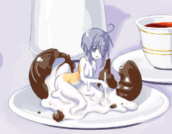 Rule 34 | 00s, 1girl, ahoge, blue eyes, blue hair, bob cut, branzent, breasts, cadbury, candy, chocolate, coffee, colored skin, cream, cup, drink, dripping, easter, egg, egg yolk, filling, food, hair over one eye, in food, indoors, looking at viewer, mahou sensei negima!, matching hair/eyes, medium breasts, messy, mini person, minigirl, miyazaki nodoka, monster girl, nude, open mouth, personification, plate, saucer, short hair, sitting, slime girl, solo, tea, teacup, white skin
