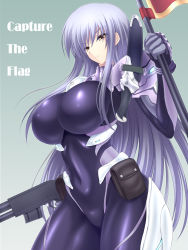 Rule 34 | 1girl, bodysuit, breasts, english text, covered erect nipples, flag, gun, highres, impossible bodysuit, impossible clothes, large breasts, long hair, looking at viewer, nanakorobi yaoki, original, pouch, shotgun, silver hair, skin tight, solo, very long hair, weapon, yellow eyes