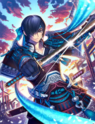 Rule 34 | 1boy, armor, blue eyes, blue hair, hair over one eye, highres, japanese armor, katana, male focus, original, s0ad096, sengoku taisen, short hair, sword, weapon