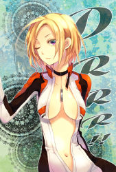 1girl bad_id bad_pixiv_id biker_clothes bikesuit blonde_hair bodysuit breasts durarara!! female_focus large_breasts one_eye_closed purple_eyes short_hair sionariha_vorona solo tayako unzipped vorona wink