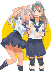 1girl ahoge alternate_costume alternate_hair_length alternate_hairstyle bandaid bandaid_on_face black_socks blonde_hair blue_eyes blue_neckerchief blue_sailor_collar blue_skirt brown_eyes brown_hair commentary_request competition_swimsuit cosplay elbow_pads feet_out_of_frame fubuki_(kancolle) fubuki_(kancolle)_(cosplay) green_hairband hairband highres kantai_collection knee_pads kusakabe_(kusakabeworks) long_hair matching_outfits neckerchief oboro_(kancolle) oboro_kai_(kancolle) one-piece_swimsuit one_eye_closed pleated_skirt ro-500_(kancolle) sailor_collar school_uniform serafuku skirt socks solo swimsuit swimsuit_under_clothes tan two-tone_background v white_background