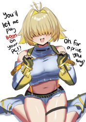 Rule 34 | 1girl, :3, ahoge, ahoge wag, black gloves, blonde hair, blush, breasts, commentary, crop top, elegg (nikke), english commentary, english text, expressive hair, facing viewer, fingerless gloves, gloves, goddess of victory: nikke, hair intakes, hair over eyes, highres, iog626, large breasts, long bangs, long sleeves, multicolored clothes, multicolored gloves, multicolored hair, navel, open mouth, shirt, short hair, shorts, simple background, skindentation, smile, solo, stomach, suspenders, thigh strap, two-tone hair, white background, white footwear, white shirt, white shorts, yellow gloves