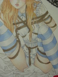 Rule 34 | 1girl, alice in wonderland, artist request, bdsm, blonde hair, blush, bondage, bound, breasts, flat chest, highres, long hair, panties, restrained, shibari, sketch, small breasts, solo, striped, tagme, thighhighs, underwear