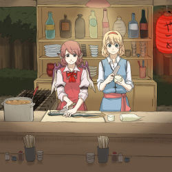 Rule 34 | 2girls, alice margatroid, apron, bottle, chopsticks, cooking, cooking pot, daikon, dishes, eel, female focus, food stand, forest, grill, kitchen knife, lantern, multiple girls, mystia lorelei, nature, paper lantern, radish, sleeves rolled up, torinone, touhou, wings