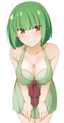 Rule 34 | &gt;:), 1girl, bare arms, bare shoulders, blush, bow, breasts, brown bow, brown eyes, cleavage, closed mouth, collarbone, commentary request, cowboy shot, dress, girly air force, green dress, green hair, hair between eyes, head tilt, hinata masaki, large breasts, leaning forward, looking at viewer, phantom (girly air force), short hair, simple background, sleeveless, sleeveless dress, smile, solo, v-shaped eyebrows, white background