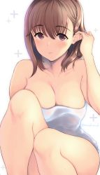 Rule 34 | 1girl, anegasaki nene, bare arms, bare shoulders, blush, breasts, brown hair, cleavage, collarbone, commentary request, tucking hair, highres, knees up, large breasts, looking at viewer, love plus, masaoka misaki, mole, mole under eye, naked towel, parted lips, plus sign, purple eyes, short hair, sitting, smile, solo, thighs, towel, twitter username, water drop, wet