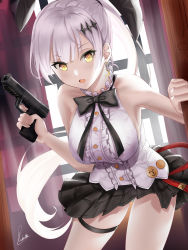 Rule 34 | 1girl, animal ears, artist name, bare shoulders, black bow, black bowtie, black skirt, bow, bowtie, breasts, crescent, crescent earrings, earrings, five-seven (girls&#039; frontline), fn five-seven, girls&#039; frontline, gun, hair ornament, hair ribbon, hairclip, handgun, highres, holding, holding gun, holding weapon, jewelry, long hair, looking at viewer, medium breasts, open mouth, pdw-caliber pistol, pistol, piukute062, rabbit ears, ribbon, shirt, silver hair, simple background, skirt, solo, weapon, white shirt, yellow eyes