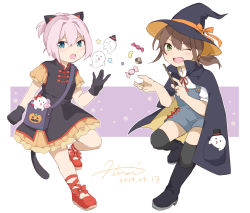 Rule 34 | alternate costume, animal ears, bag, black cape, black dress, black footwear, black headwear, black legwear, boots, brown hair, cape, cat ears, cat tail, dated, dress, fake animal ears, frilled dress, frills, fubuki (kancolle), full body, ghost, green eyes, hat, hiroe (cosmos blue-02 421), jack-o&#039;-lantern, kantai collection, long hair, looking at viewer, low ponytail, messenger bag, one eye closed, overalls, ponytail, red footwear, shiranui (kancolle), shirt, short ponytail, short sleeves, shoulder bag, sidelocks, signature, smile, tail, thighhighs, two-tone dress, wand, white shirt, witch hat
