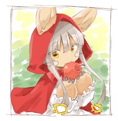 Rule 34 | 1other, androgynous, animal ears, apple, border, brown fur, cloak, ears through headwear, eating, food, frilled sleeves, frills, fruit, furry, highres, holding, holding food, holding fruit, hood, hood up, hooded cloak, horizontal pupils, made in abyss, mumu yu mu, nanachi (made in abyss), other focus, rabbit ears, red cloak, red hood, short hair with long locks, solo, whiskers, white border, white hair, yellow eyes